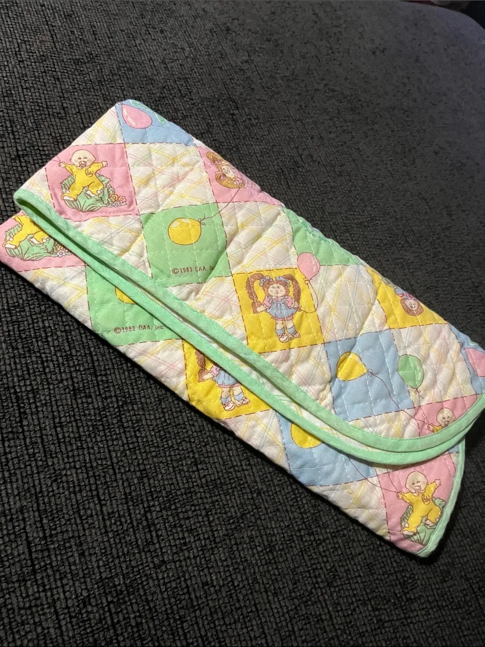 Vintage 1983 Cabbage, patch Pastel Quilted Baby sleeping bag with Mint Trim